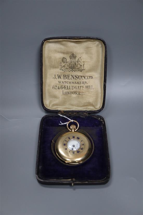 A George V 9ct gold J.W. Benson The Empire keyless half hunter pocket watch, with Benson leather case.